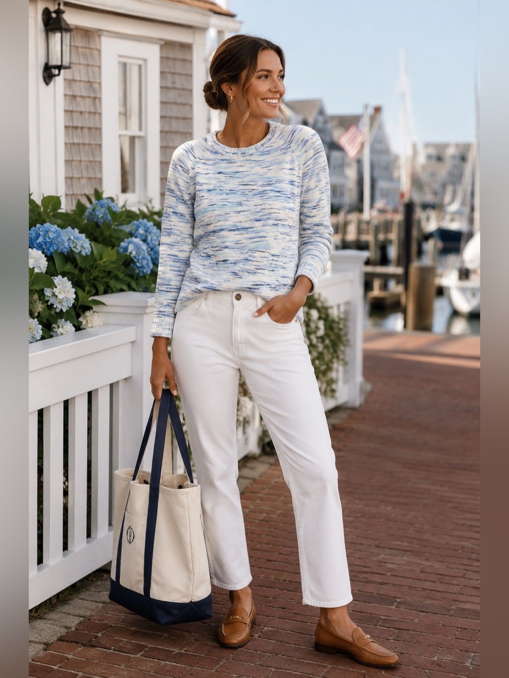J.Crew Blue White Space Dye 100% Cotton Crewneck Sweater Medium Coastal Preppy